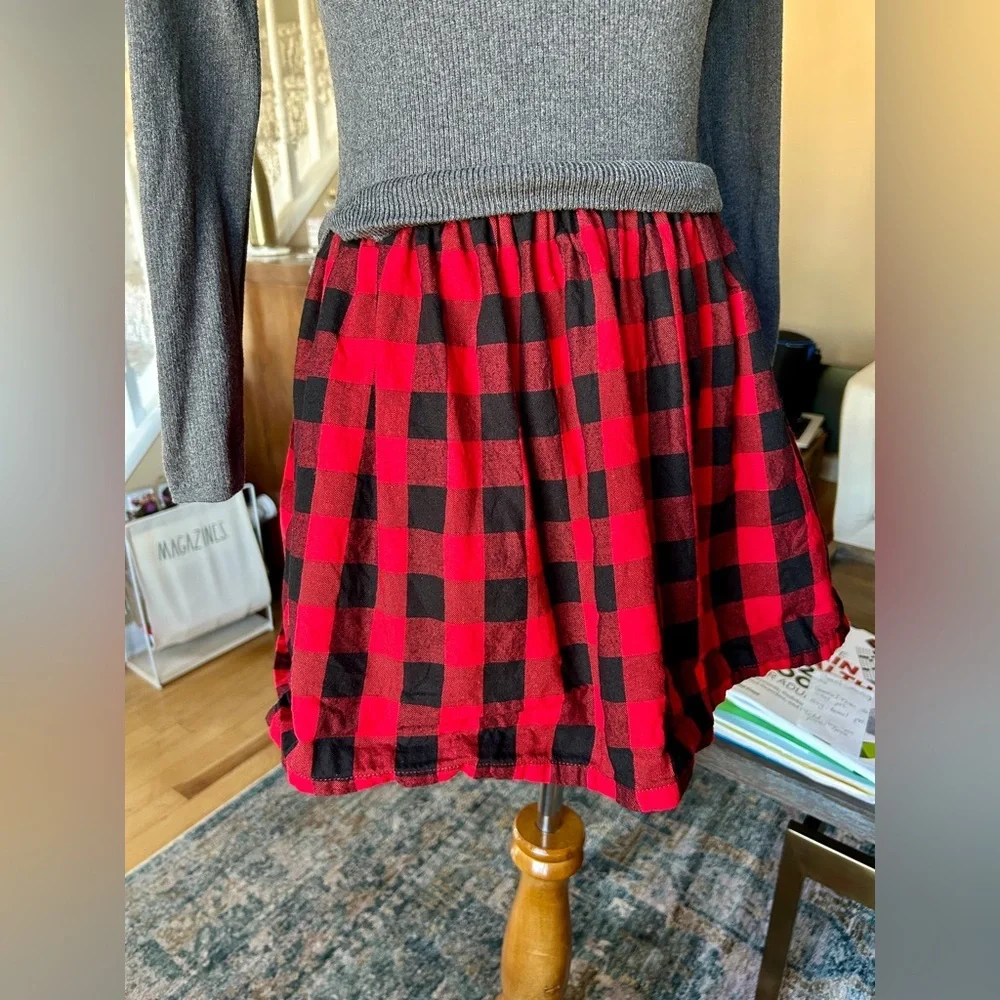 Gap Girls XL Red Buffalo Plaid 2-in-1 Sweater Dress Cotton Grey